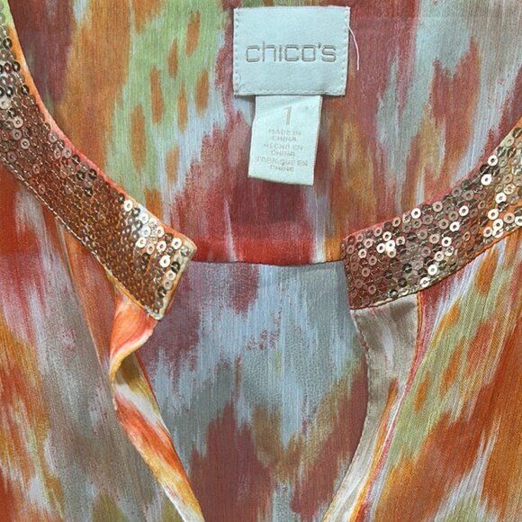 Chico’s Orange Sheer Tie-Front Blouse | Size M Embellished Button-Up Top - Picture 6 of 16